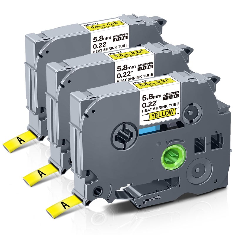 Absonic 3-Pack Compatible Heat Shrink Label Tape Replacement for Heat Shrink Tube HSe-611 HS611 HSe611 5.8mm Black on Yellow Tape for PTouch PT-E300 PT-E500 PT-E550W P750WVP E800W Label Maker - Image 1